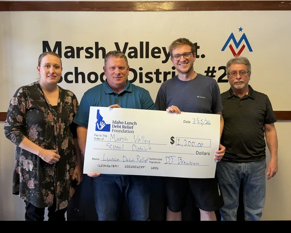 Idaho Lunch Debt Relief Foundation presenting a $1,200 check to Marsh Valley School District